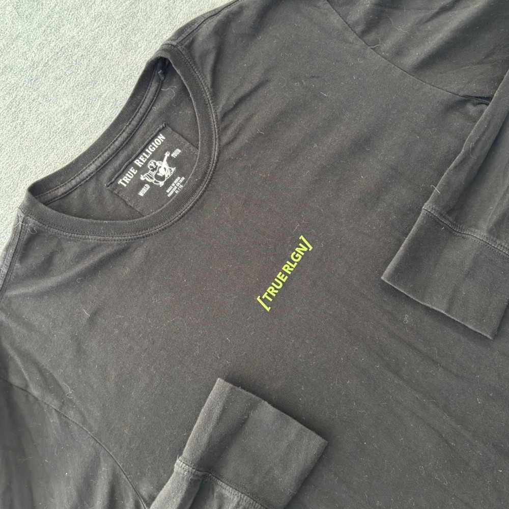 True Religion Mens XL Long Sleeve T-Shirt Black Lime Green Logo Cotton Tee